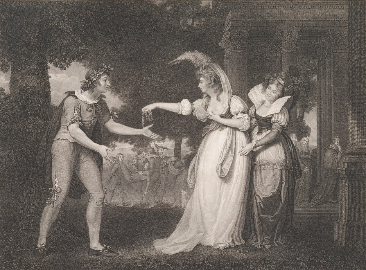 Antes do Palácio do Duque - Rosalind, Celia, Orlando, o Duque..., publicado pela primeira vez em 1800, reeditado em 1852. de William Satchwell Leney