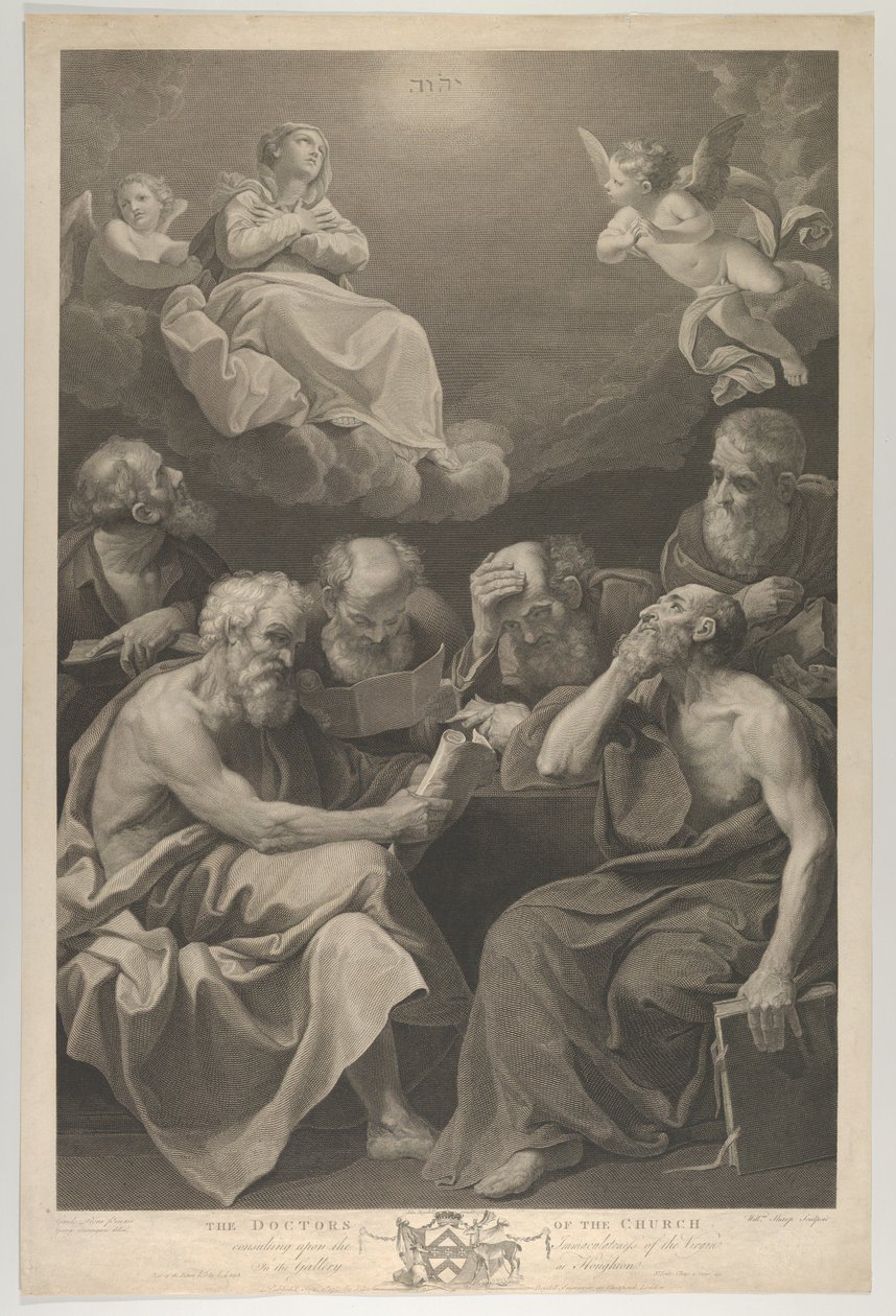 Os doutores da igreja consultando livros e documentos e contemplando a Virgem que..., 1785 de William Sharp