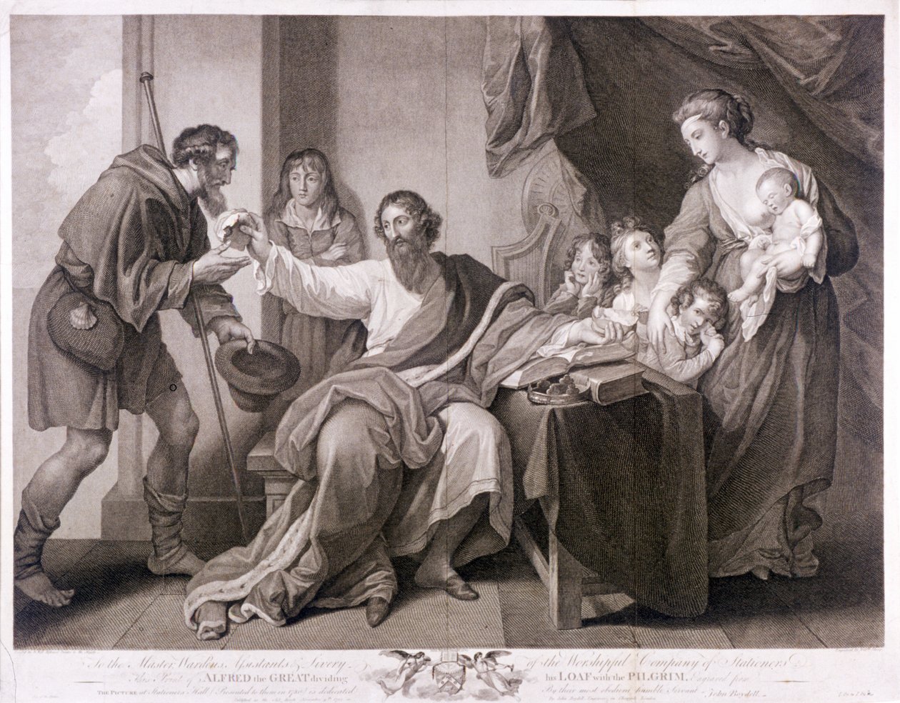 Alfredo, o Grande, dividindo seu pão com o peregrino, 1782 de William Sharpe