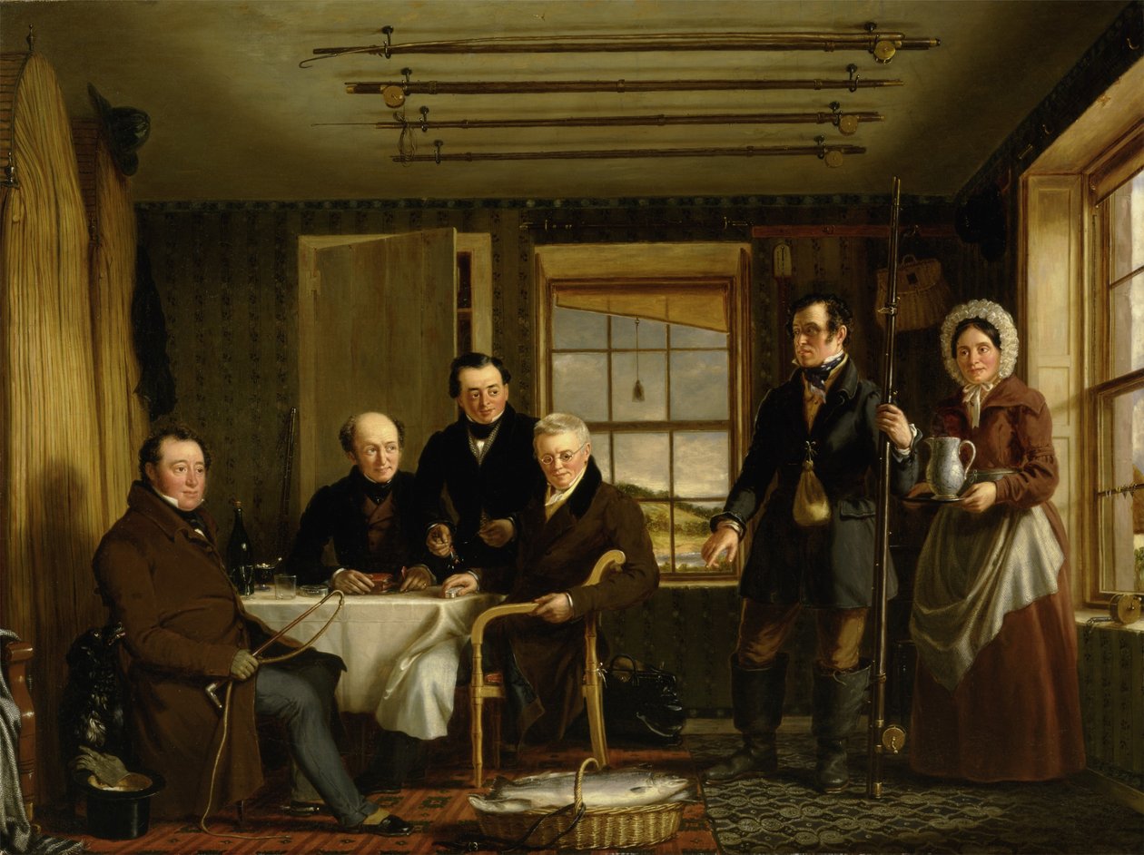 Discutindo uma captura de salmão em um alojamento de pesca escocês, c.1840 (óleo sobre tela) de William Shiels