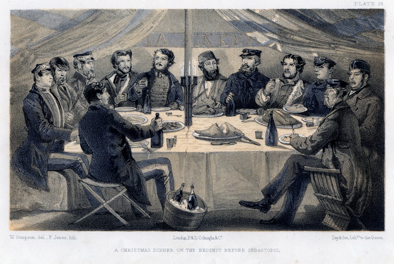 Um jantar de Natal nas alturas antes de Sebastopol, c1850. de William Crimea Simpson