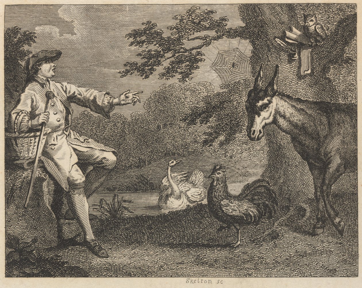 A Coruja, o Cisne, o Galo, a Aranha, o Rabo e o Agricultor de William Skelton
