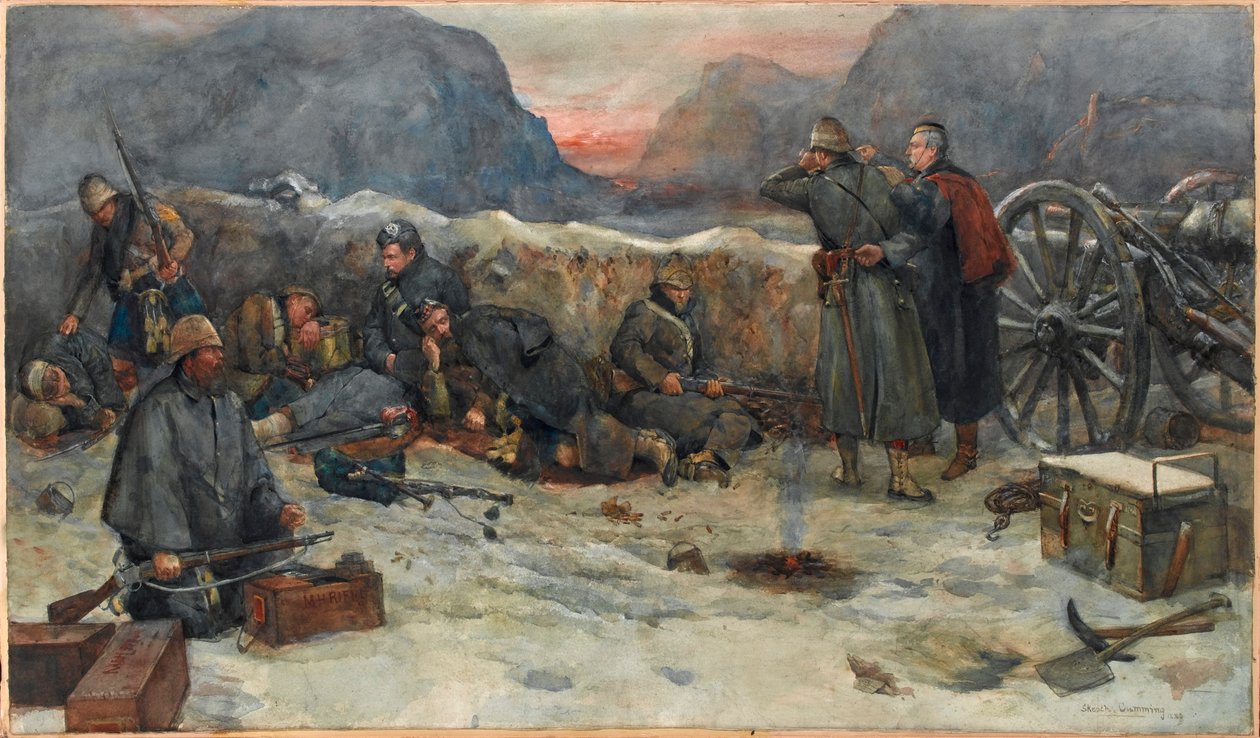 Os Gordon Highlanders: Amanhecer nas trincheiras de William Skeoch Cumming
