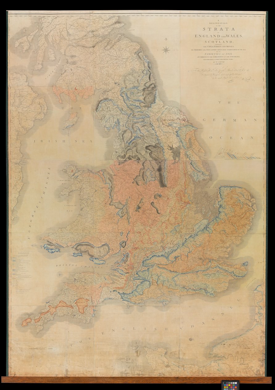 Delineação dos estratos de Inglaterra e do País de Gales, com parte da Escócia, mostrando as minas de carvão e as minas, os pântanos e as terras de pântano originalmente inundadas pelo mar e as variedades de solo de acordo com as variações dos substratos,  de William Smith