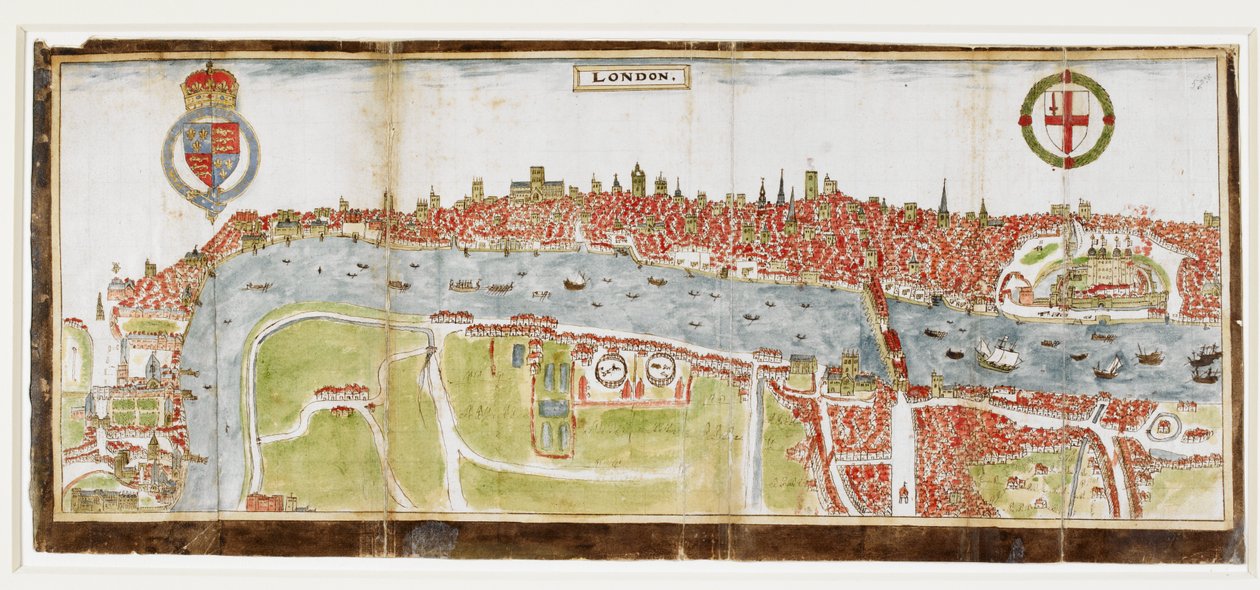 Sloane 2596, f.52 Vista de Londres do sul, mostrando o Rio Tamisa, a Ponte de Londres e a Torre de William Smith