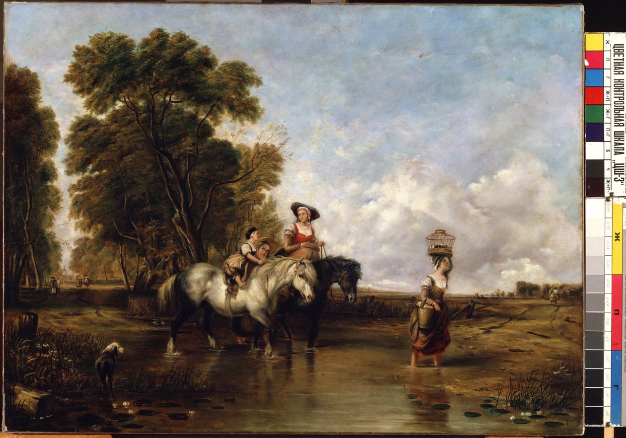 Cruzamento de Ford (Através de um vau). Pintura de William I Shayer (1788-1879). Óleo sobre tela, 94,5 x 127,5 cm. escola de inglês do século 19. Museu Estadual de Arte M.K. Ciurlionis, Kaunas (Lituânia). de William Snr. Shayer