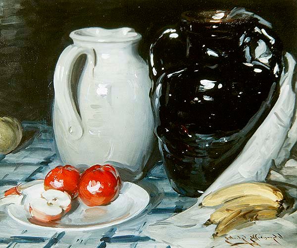 Natureza morta com maçãs e bananas e um grande jarro e vaso (óleo a bordo) de William Somerville Shanks