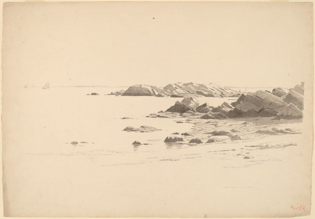 Praia rochosa com barcos distantes de William Stanley Haseltine