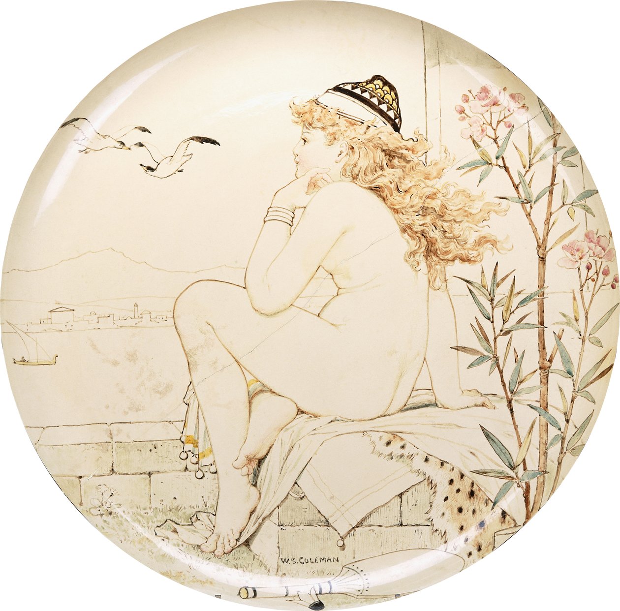 Um carregador do Minton Art Pottery Studio, pintado com um nu olhando para o mar, século XIX de William Stephen Coleman