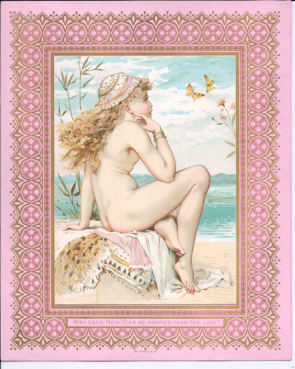 Cartão vitoriano do ano novo de uma beleza de banho em uma praia, c.1881 de William Stephen Coleman