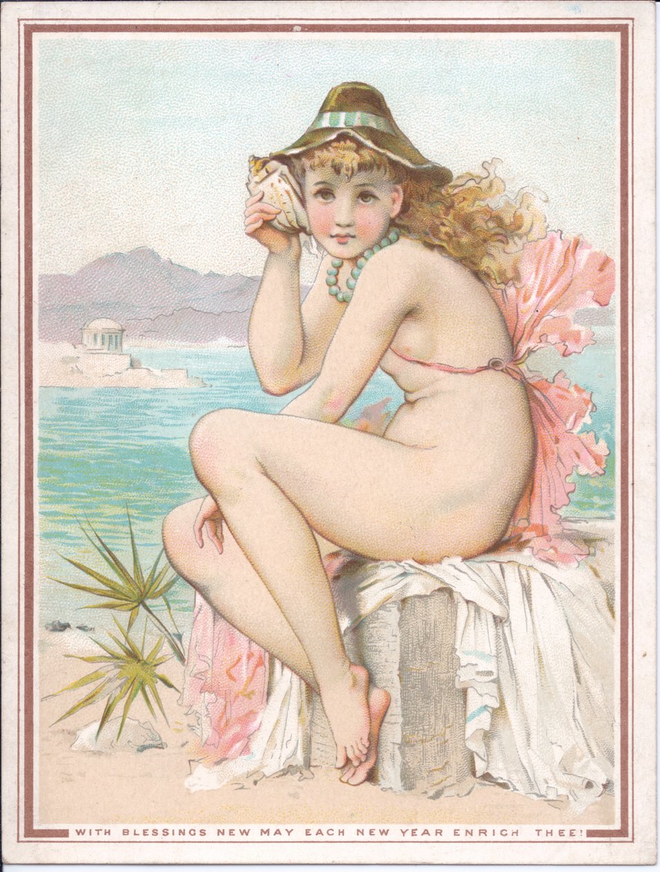 Cartão de ano novo vitoriano de uma beleza de banho em uma praia, segurando uma concha no ouvido, c.1881 de William Stephen Coleman
