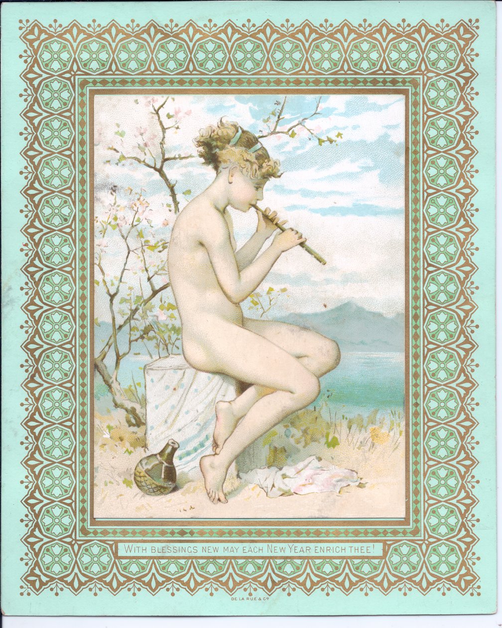Cartão de ano novo vitoriano de uma beleza de banho em uma praia tocando uma flauta, c.1881 de William Stephen Coleman