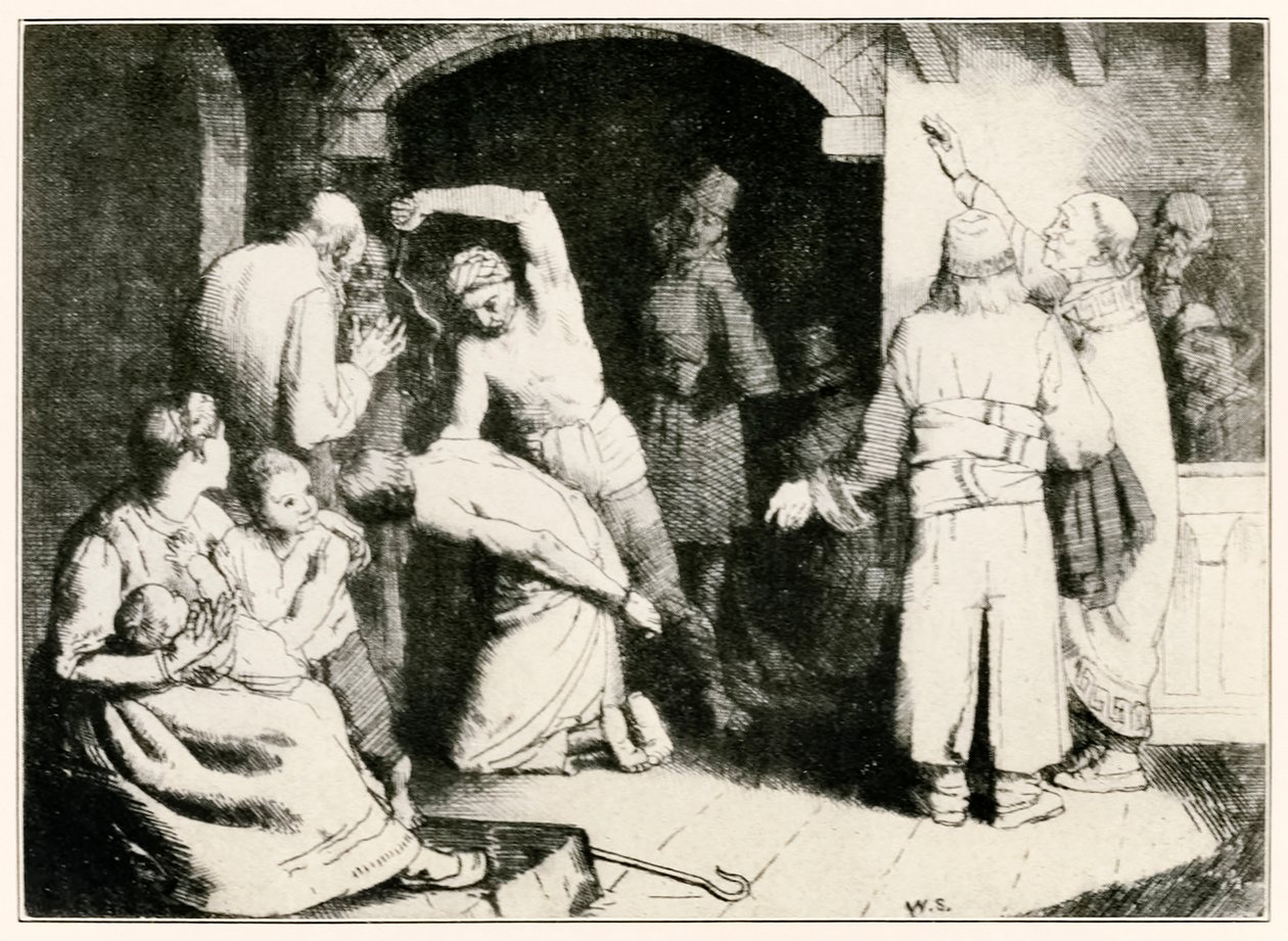 A flagelação dos fiéis dos peregrinos progride deste mundo para o que está por vir John Bunyan (1628-1688) Ilustração de William Strang (1859-1921) Fiel é torturado depois de sua tria de William Strang