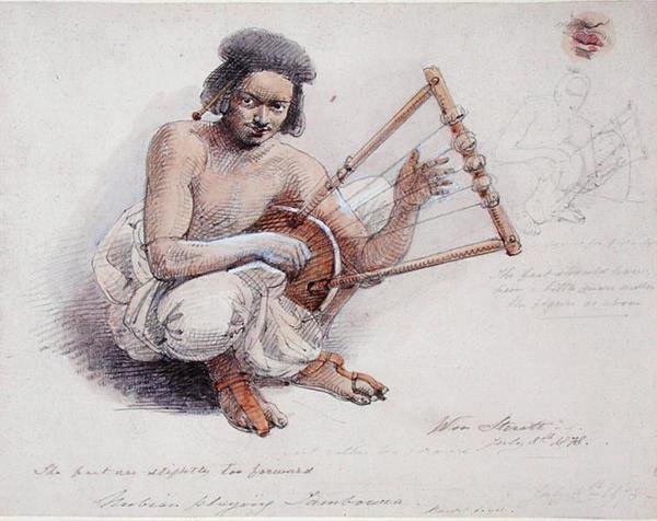 Nubian Playing Tambourine, 8 de Julho de 1878 (lápis e lavagem em papel) de William Strutt
