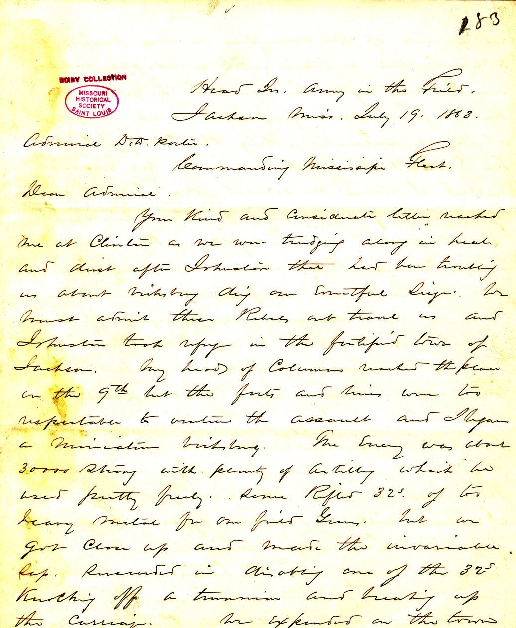 Carta de W. T. Sherman, quartel-general, Exército no Campo, Jackson, Mississippi, para [David D.] Porter, 19 de julho de 1863 de William T. Sherman