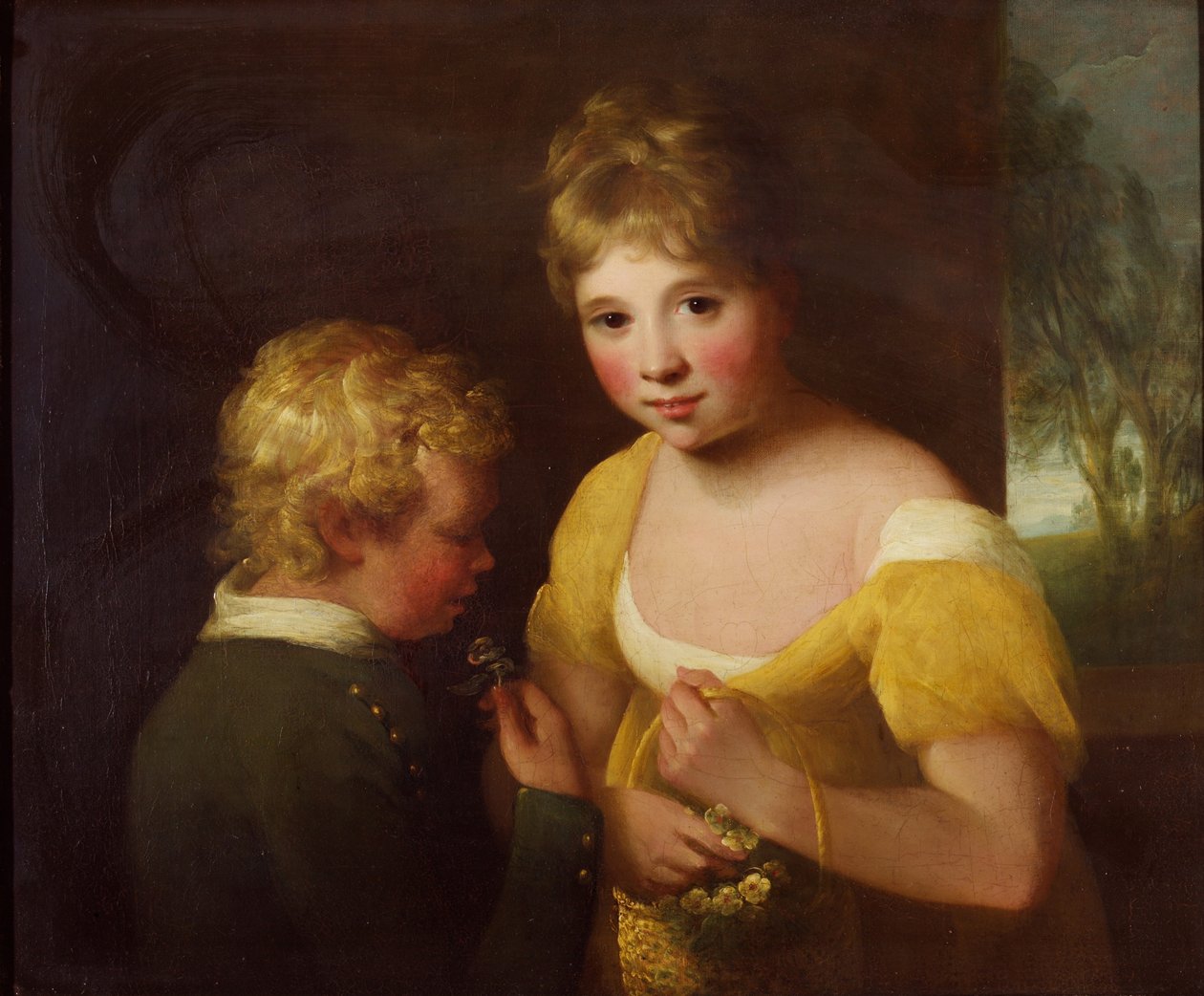 Duas crianças com um cesto de flores (óleo sobre tela) de William Tate
