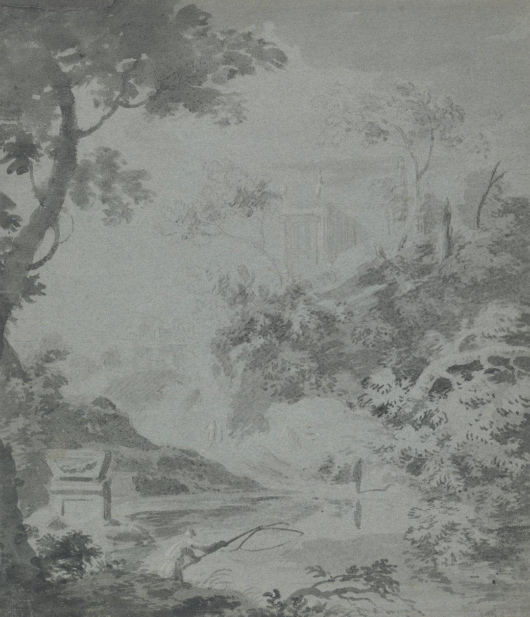 Paisagem com um Edifício Clássico Distante e uma Pesca de Homem de William Taverner