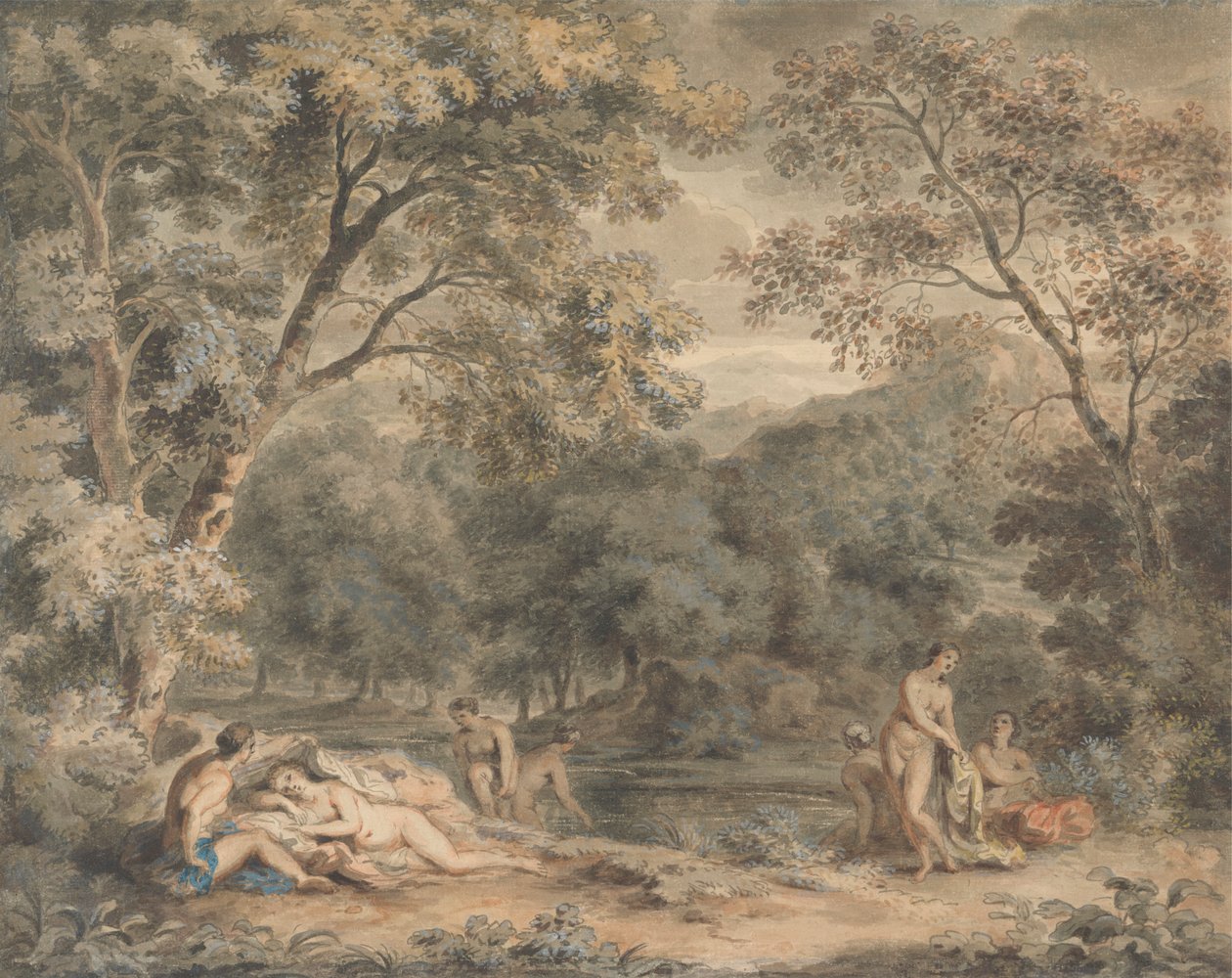 Ninfas a banhar-se numa clareira arborizada de William Taverner
