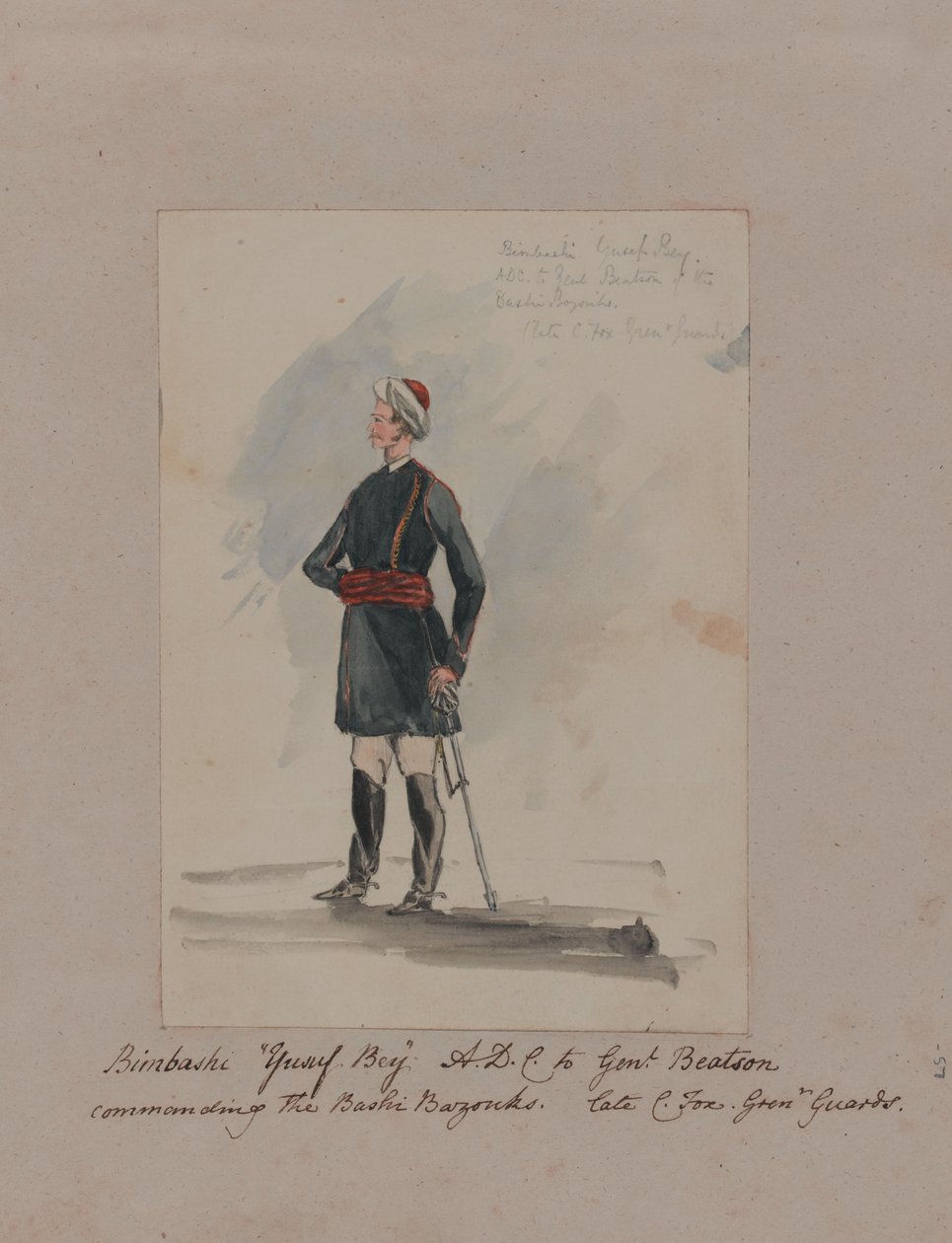 Bimbashi Yusuf Bey A.D.C. para Genl. Beatson comandando os Bashi Bazouks. Fox C. Late C. Grenr Guardas (aguarela) de William Thomas Markham