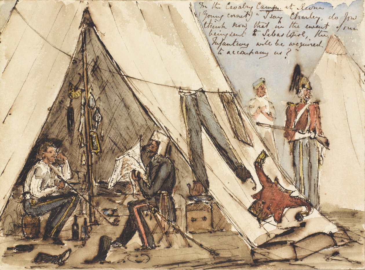 No Acampamento de Cavalaria em Devna (Young Cornet), digo Charley, você acha agora que no caso de sermos enviados a Sebastopol, a Infantaria será obrigada a nos acompanhar , c.1854 (caneta e tinta e wc de William Thomas Markham
