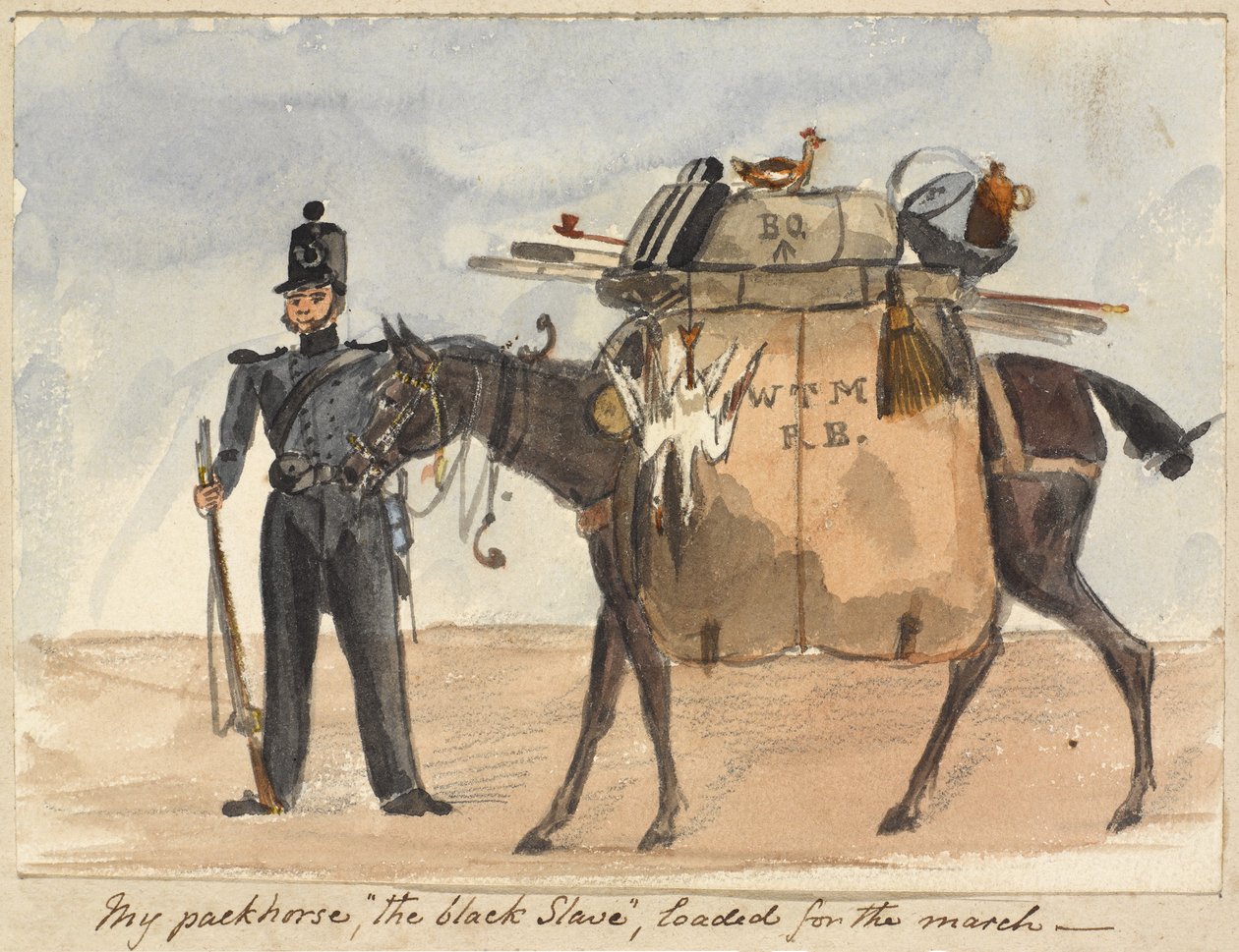 O meu cavalo de carga, o escravo negro, carregado para a marcha, c.1854 (aguarela e lápis sobre papel) de William Thomas Markham