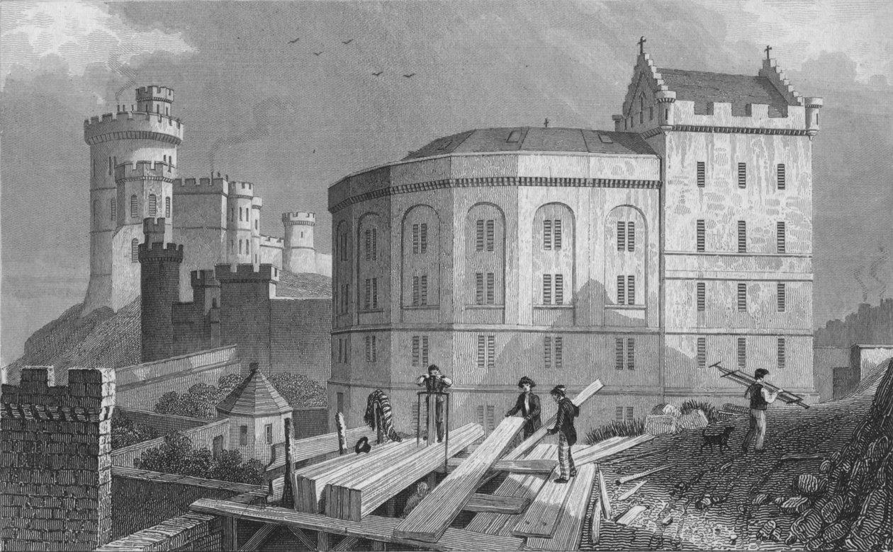 Extremo leste de Bridewell, e Jail Governors House, Edimburgo, 1829 de William Tombleson