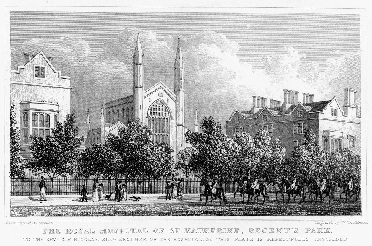 O Hospital Real de St Katherine, Regents Park, Londres, 1827. de William Tombleson