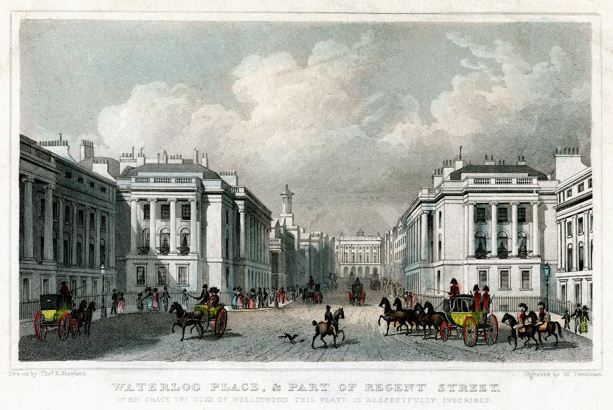 Waterloo Place e parte da Regent Street, Westminster, Londres, 1828. de William Tombleson