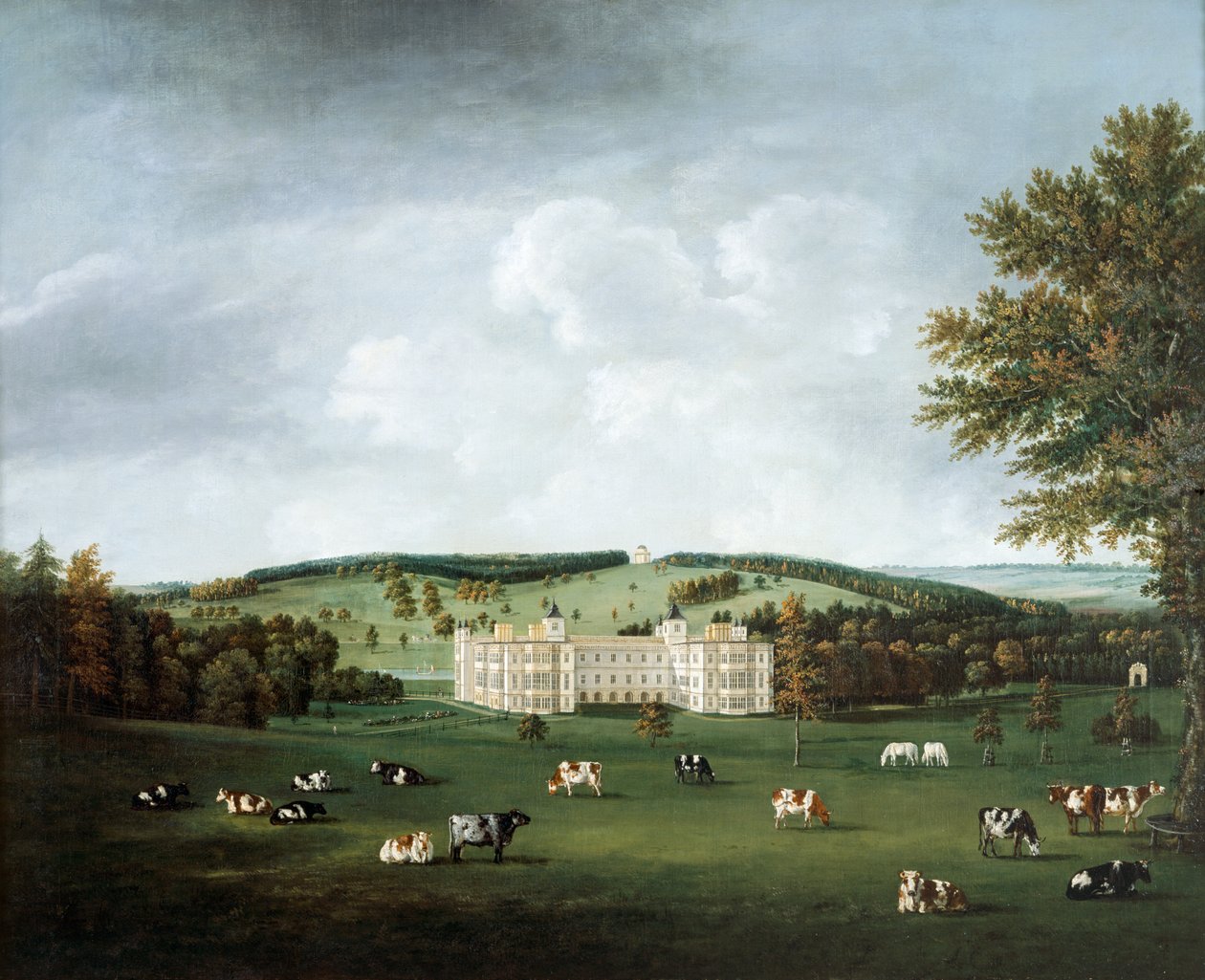 Audley End e o Ring Hill Temple c.1788 (óleo sobre tela) de William Tomkins