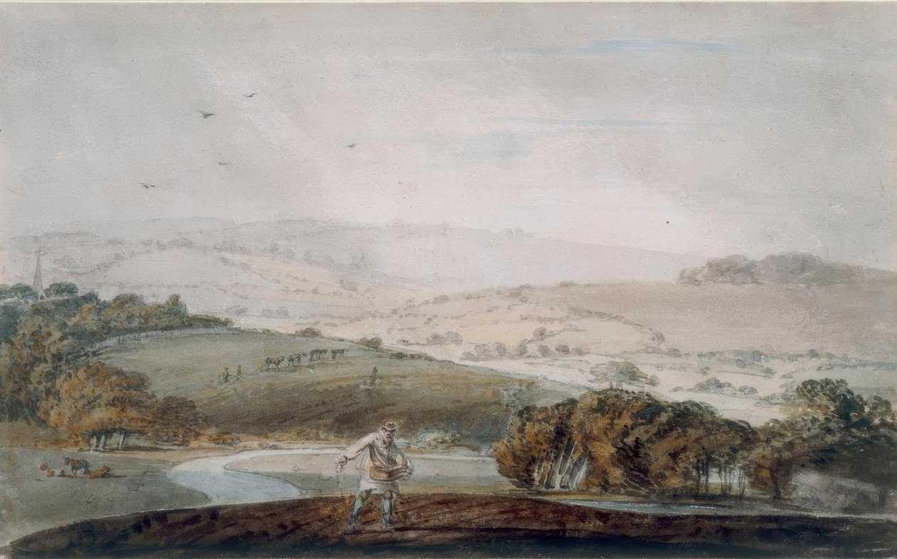 Um agricultor semeando, um vale do rio e Rolling Hills além de Joseph Mallord William Turner