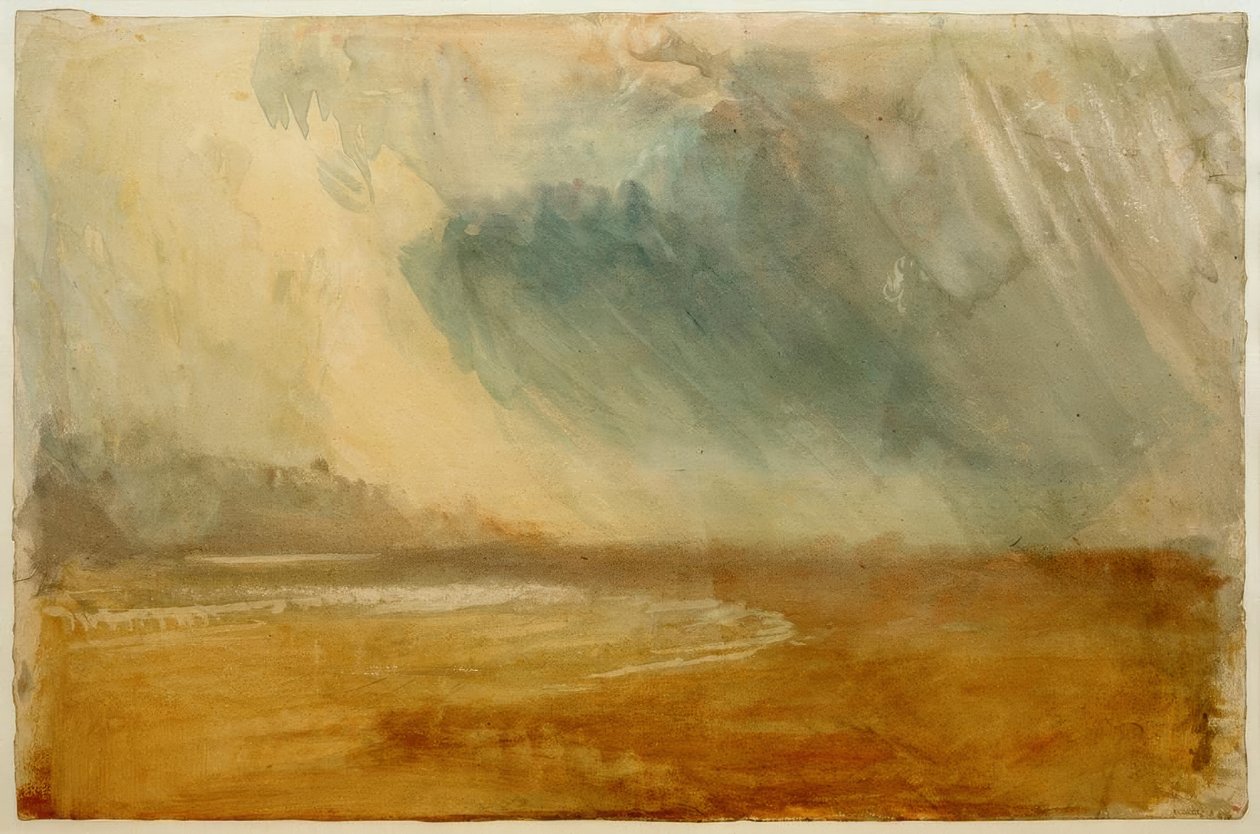 Nuvens de chuva varrendo uma praia: possivelmente perto do Castelo de Dunstanbrough de Joseph Mallord William Turner