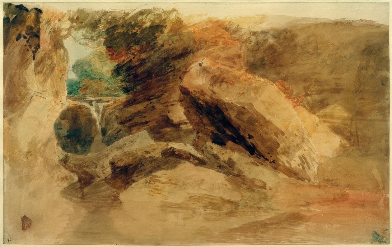 Rochas sob um penhasco, com um riacho caindo no canal estreito de Joseph Mallord William Turner
