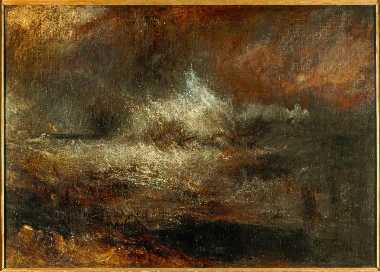 Mar tempestuoso com destroços em chamas de Joseph Mallord William Turner