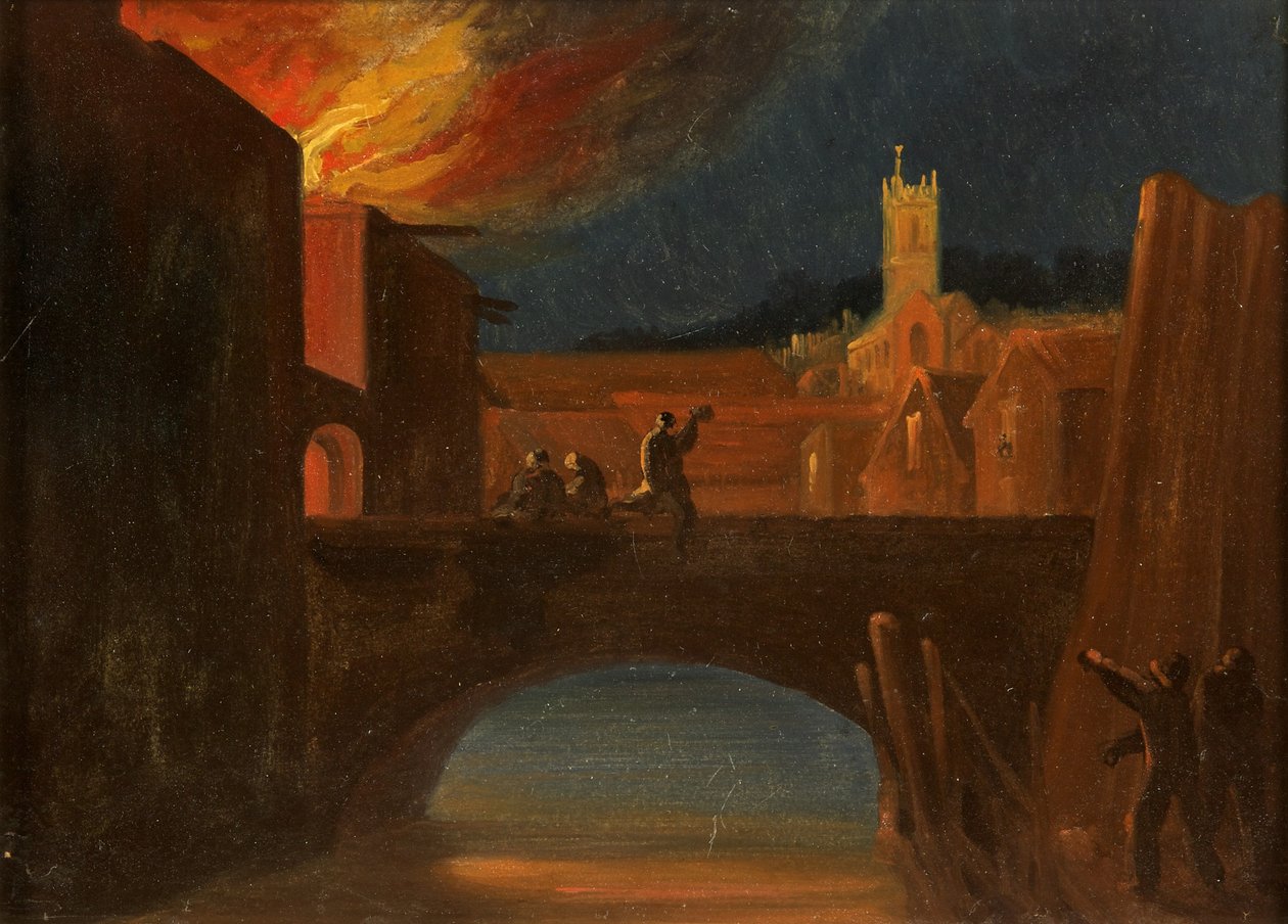 Bristol Motins: The Burning of Bridewell, com a Igreja de St Michael, Bridewell Bridge, c.1831 (óleo sobre papel) de William W. Wheatley