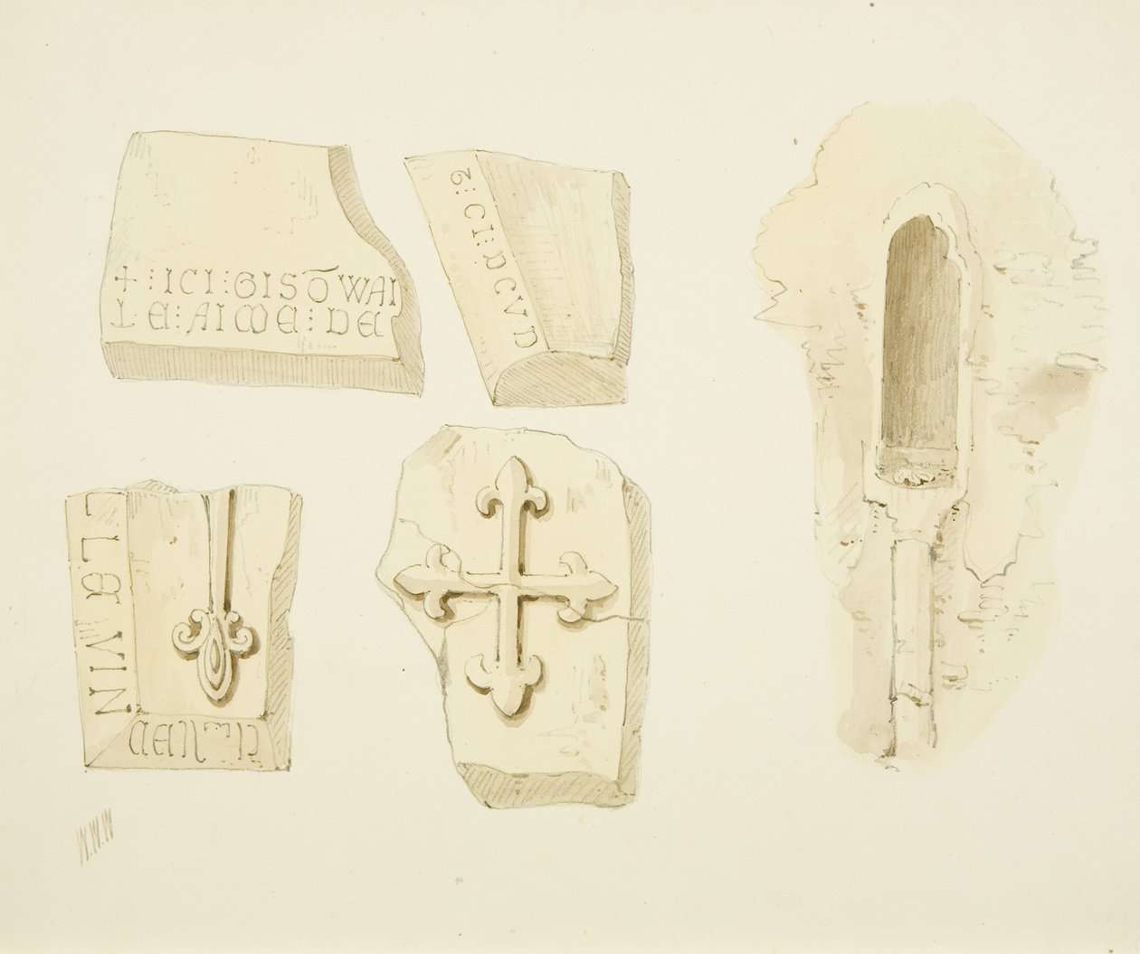 Restos de um Monumento descoberto na Muralha Leste, e Piscina no corredor Sul, Igreja de São Tiago, Bristol (lápis e aguarela sobre papel) de William W. Wheatley