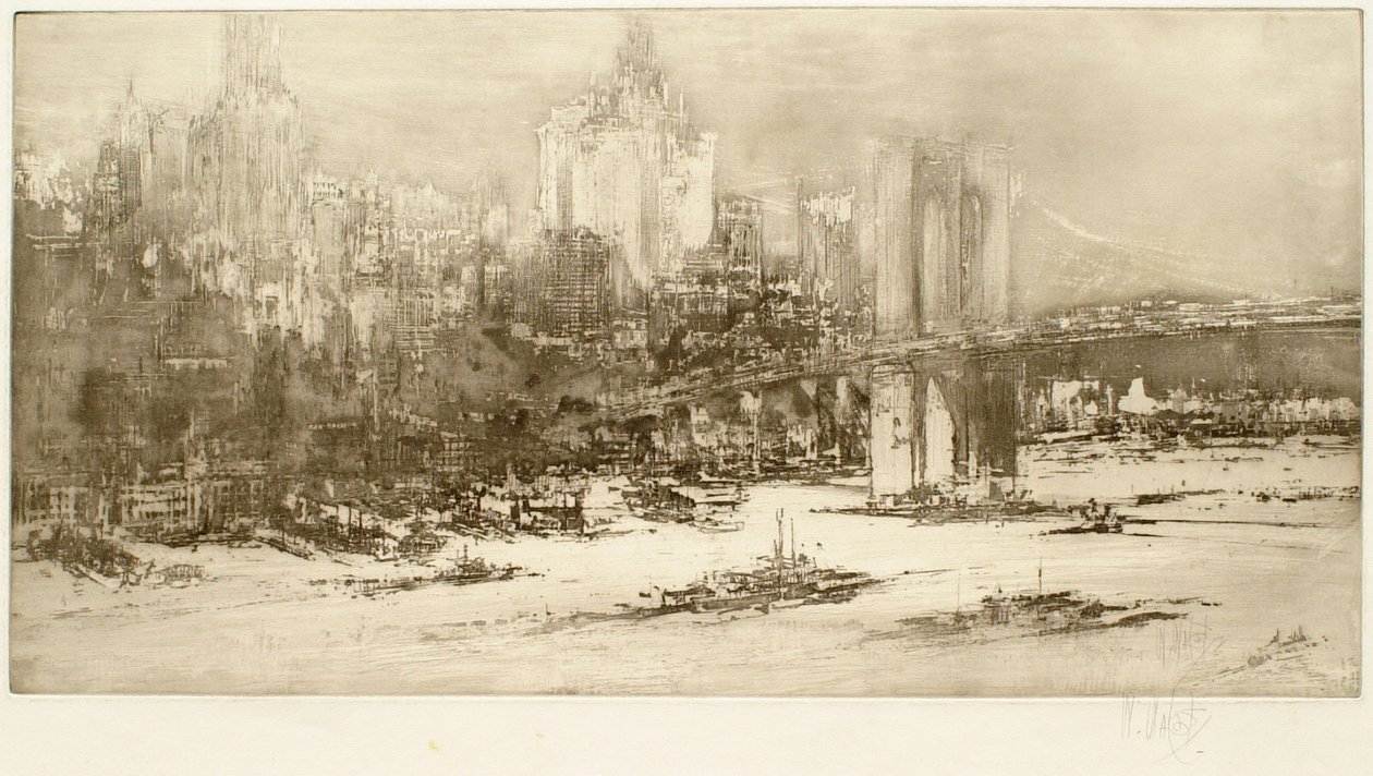 Ponte de Brooklyn, Nova Iorque (gravura grande) de William Walcot