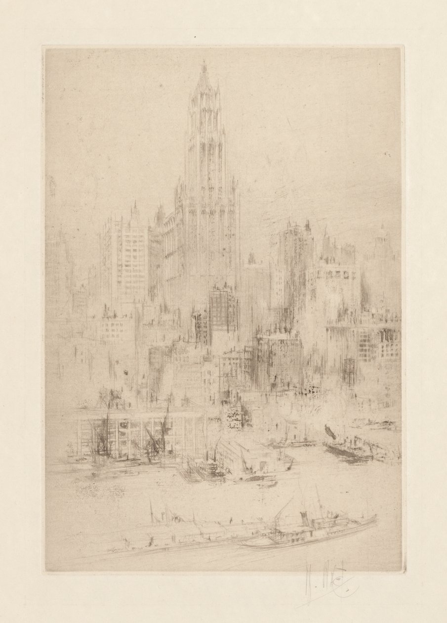 Downtown Manhattan do East River, com o Woolworth Building de William Walcot