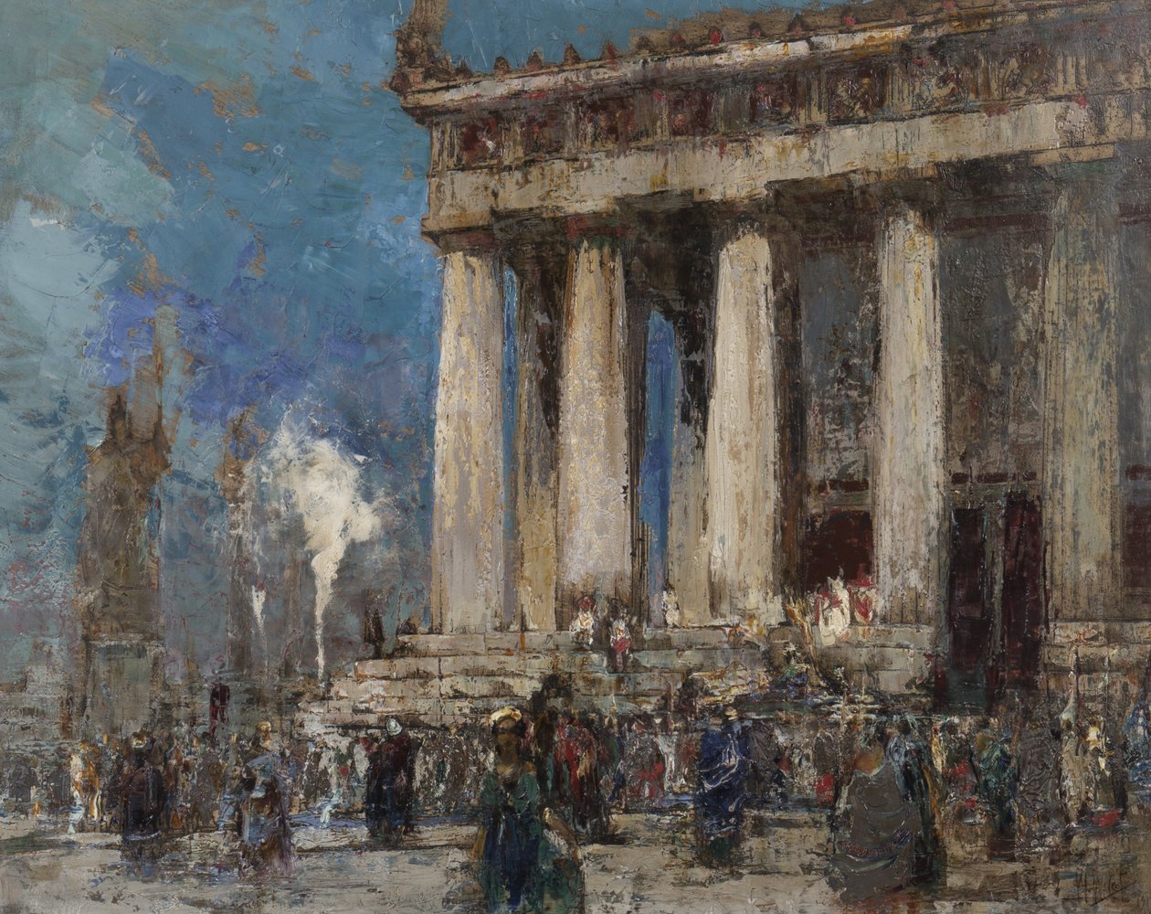 Templo grego, 1919 (óleo sobre gravura no papel) de William Walcot