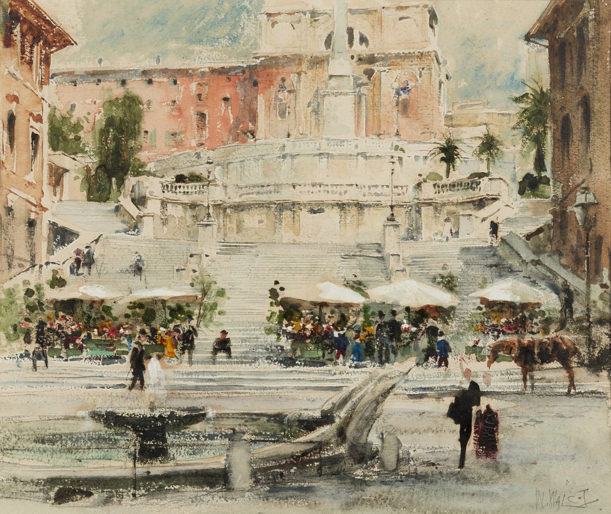 Roma: Piazza di Spagna, 1909 (lápis, pincel, tinta, papel higiênico e guache sobre papel) de William Walcot