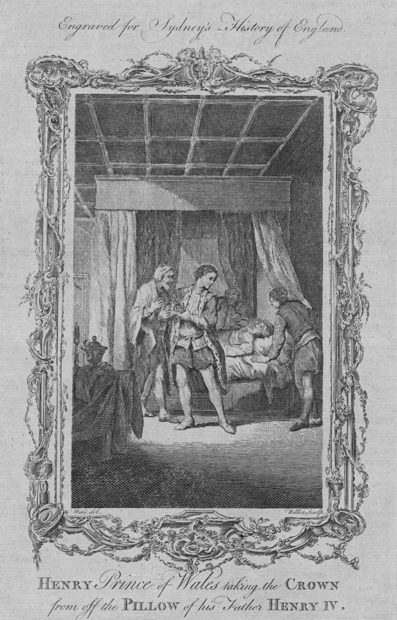 Henrique Príncipe de Gales tirando a coroa do travesseiro deste pai Henrique IV, 1773. de William Walker