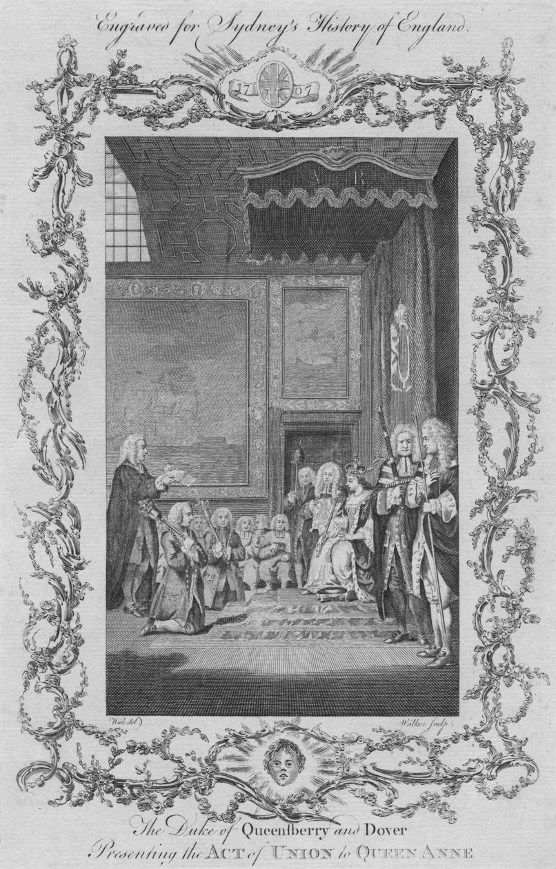 O duque de Queensberry e Dover apresentando o ato da união à rainha Anne, 1773. de William Walker