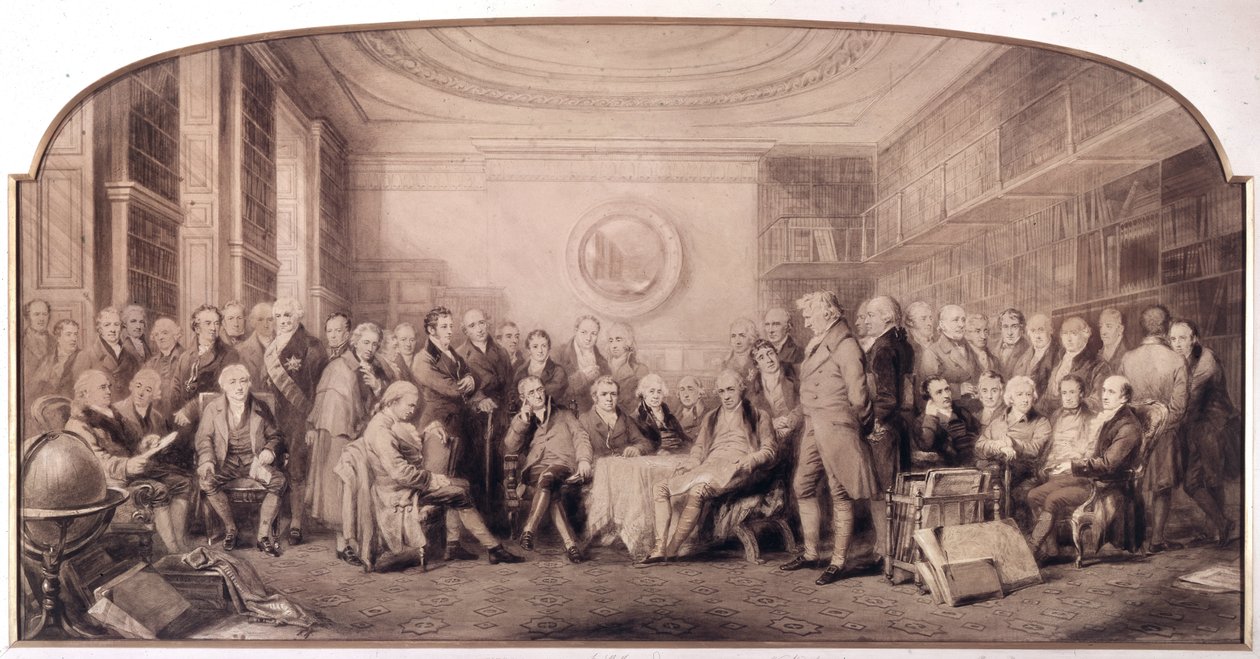 Os homens eminentes da ciência em 1807-1808. Encontro na biblioteca do Royal Institute of Sciences, Inglaterra. Gravura de William Walker e Sir John Gilbert (1817 - 1897) - Eminent Men of Science Living in 1807 - Eminent Men of Science de William Walker