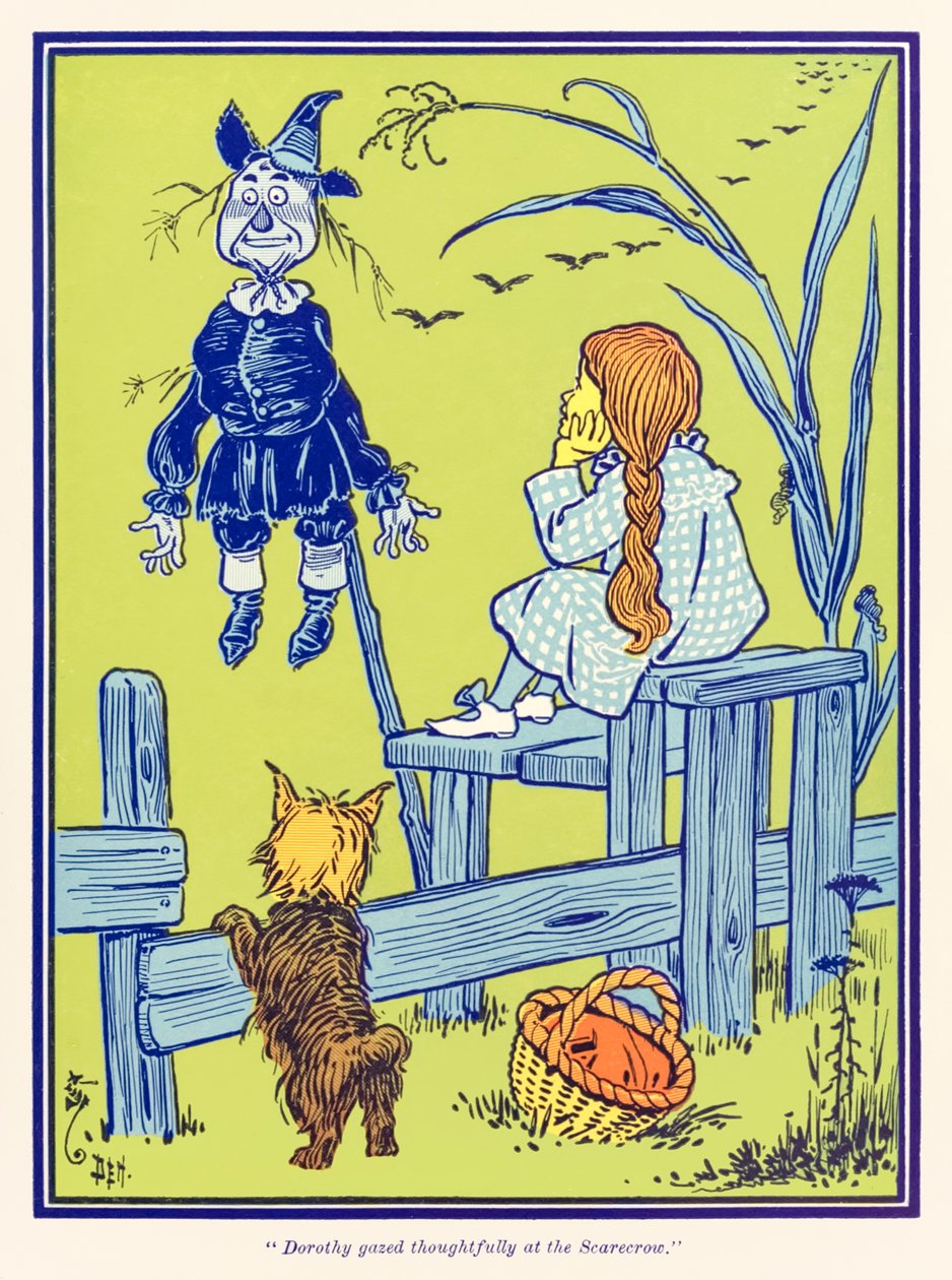 Dorothy olhou pensativamente para o Espantalho. do maravilhoso mágico de Oz de L. Frank Baum de William Wallace Denslow
