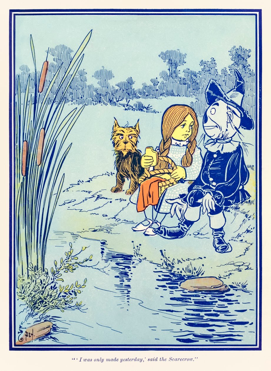 Eu só fui feito ontem. disse o Espantalho. do maravilhoso mágico de Oz de L. Frank Baum de William Wallace Denslow