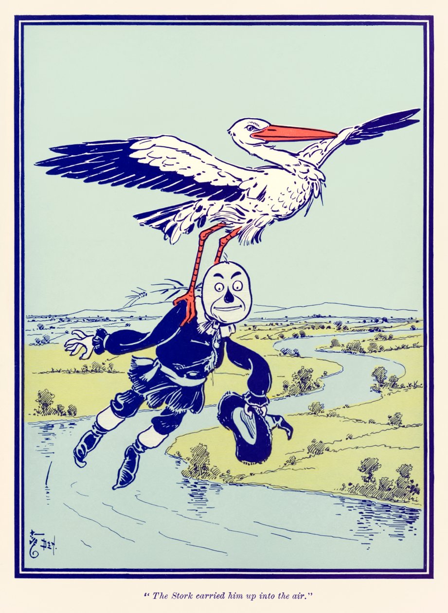A cegonha levou-o para o ar. do maravilhoso mágico de Oz de L. Frank Baum de William Wallace Denslow