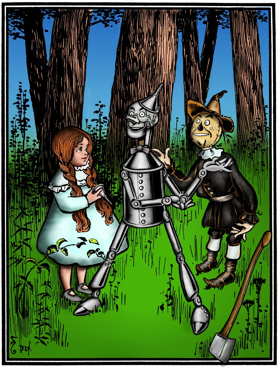 O Feiticeiro de Oz: desenho de Denslow, William Wallace (1856-1919) para a primeira edição em 1900 do livro de Frank Baum (1856-1919) - Dorothee (Dorothy) assistida pelo espantalho, ajudou o lenhador de folha-de-flandres - de William Wallace Denslow