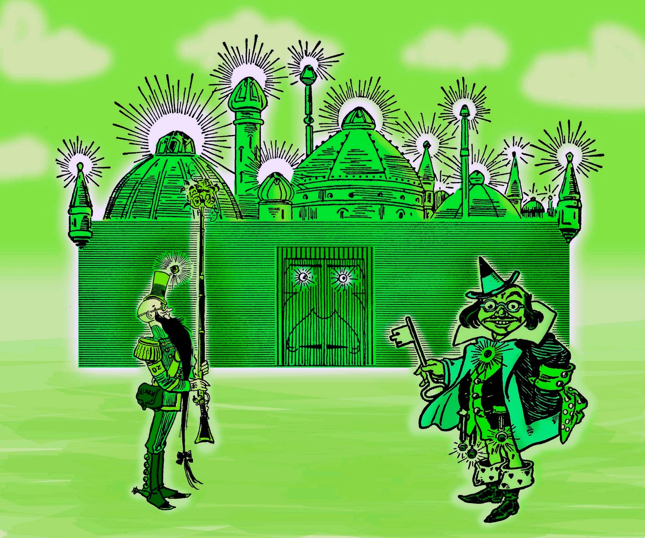 The Wizard of Oz - O Feiticeiro de Oz: Edição de três imagens de Denslow, William Wallace (1856-1915) para a primeira edição de 1900 do livro de Frank Baum (1856-1919) - The Emerald City and its two Guardians - cor verde, verde - The Emerald City - de William Wallace Denslow