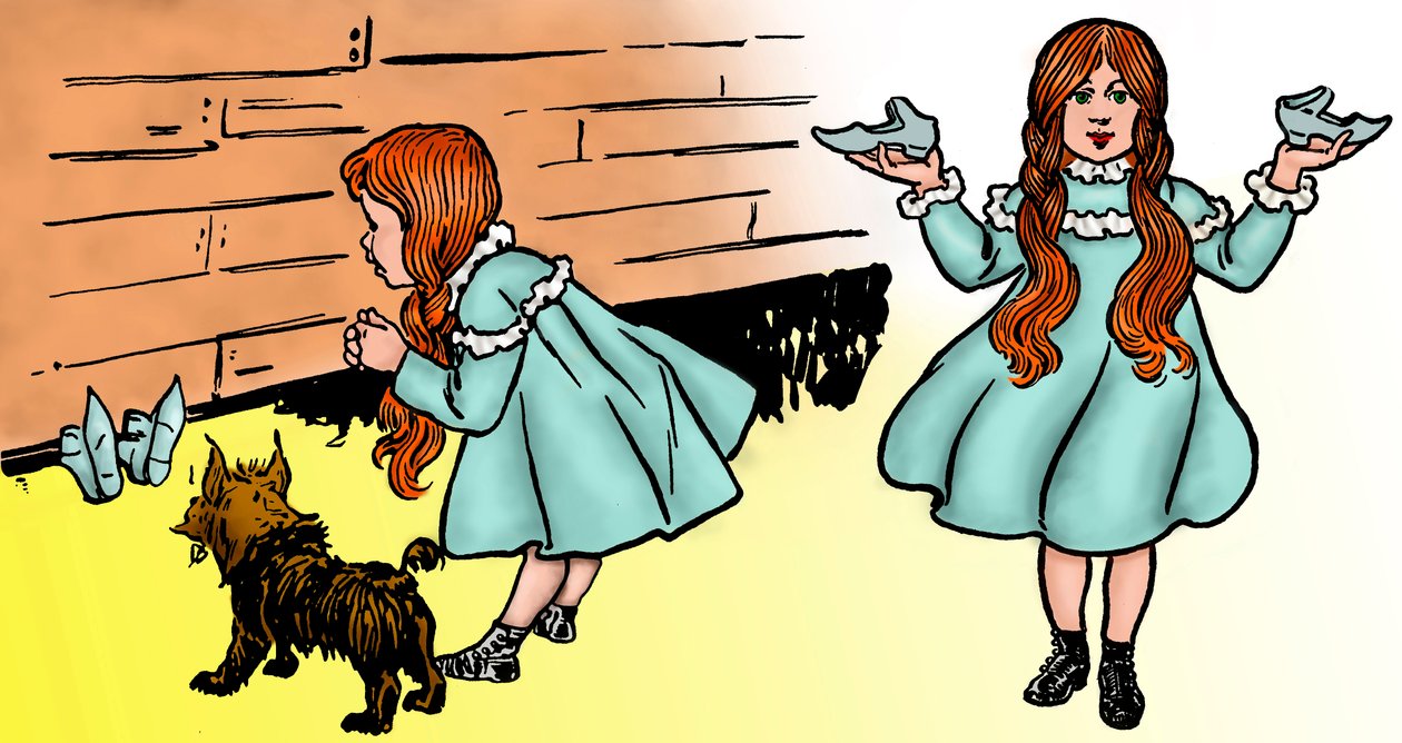 The Wizard of Oz - O Feiticeiro de Oz: Edição de duas imagens de Denslow, William Wallace (1856-1915) feitas para a primeira edição de 1900 do livro de Frank Baum (1856-1919) - Dorothee (Dorothy), acompanhada pelo seu cão Toto, recupera o sapato mágico de  de William Wallace Denslow