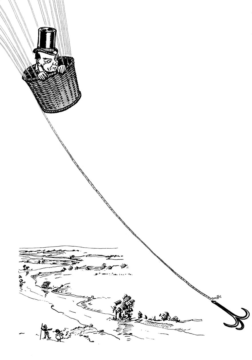The Wizard of Oz - O Feiticeiro de Oz: desenho de Denslow, William Wallace (1856-1915) para a primeira edição de 1900 do livro de Frank Baum (1856-1919) - O mágico voa no cesto de um balão - de William Wallace Denslow