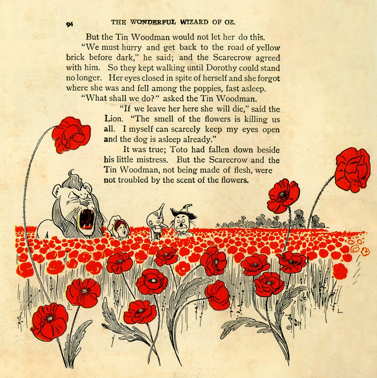 O Feiticeiro Maravilhoso de Oz - capítulo VIII: o mortal campo de papoilas - O Feiticeiro de Oz: capítulo 8 - uma página ilustrada por Denslow, William Wallace (1856-1915) da primeira edição de 1900 do livro de Frank Baum (1856-1919) - Dorothee (Dorothy) e de William Wallace Denslow